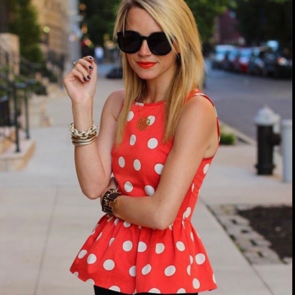 Asos red white polka dot print peplum tank top blouse flare sleeveless shell
